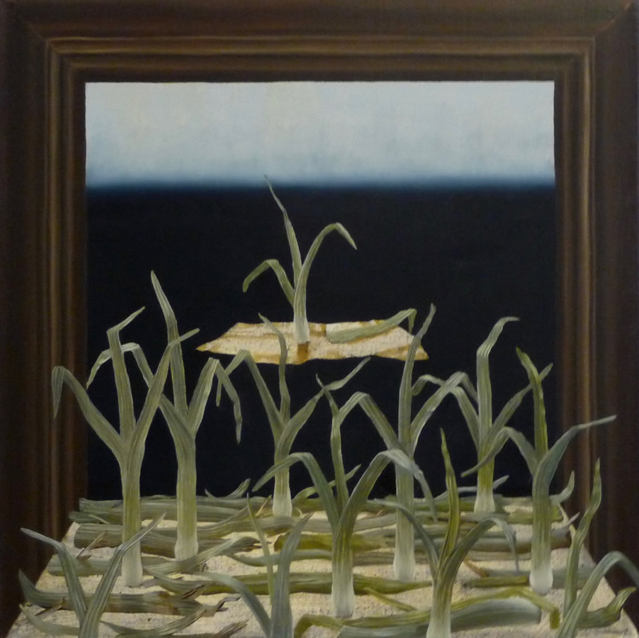 Framed Leeks With Escape Route. 2017. Oil on linen. 45x45cm